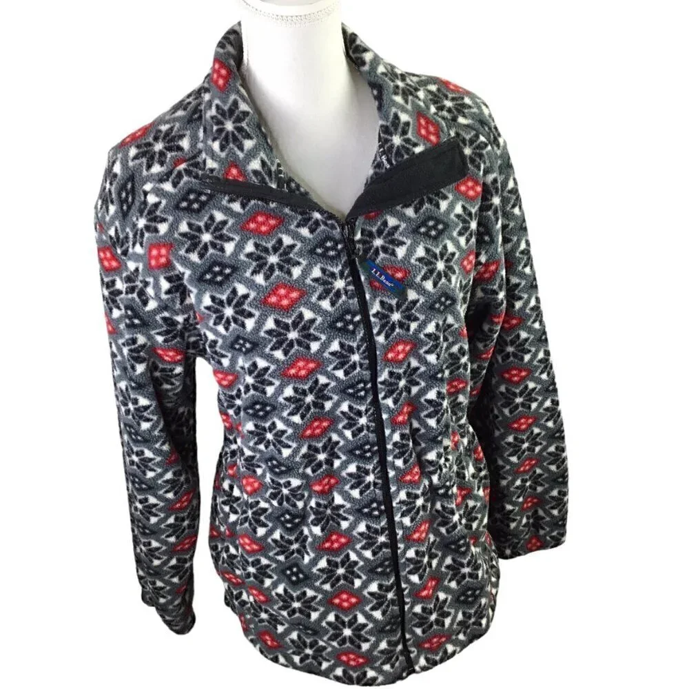 L.L. Bean Fleece Jacket Coat Full Zip Snowflake Adj Waist Pockets Black Red